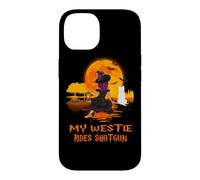 Custodia per iPhone 14 My Westie Rides Shotgun Dog Witch Funny Halloween Costume