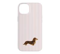 Custodia per iPhone 14 Plus Bassotto a pelo lungo marrone e crema a righe rosa