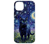 Custodia per iPhone 14 Plus Black Cat Night Glow Stars and Moon Opera d'arte