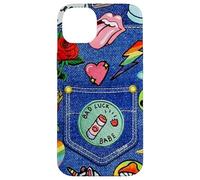 Custodia per iPhone 14 Plus Blue Denim Patch Pattern Bad Luck Babe 90s Design Estetico