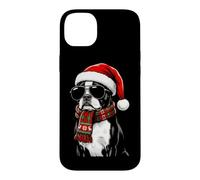 Custodia per iPhone 14 Plus Boston Terrier Dog Bostie Santa Hat Plaid sciarpa occhiali da sole