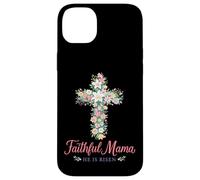 Custodia per iPhone 14 Plus Christian - Croce floreale pasquale con scritta "Faithful Mama He Is Risen"
