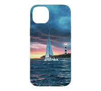 Custodia per iPhone 14 Plus Coastal Lighthouse Sailboat Ocean Sunset Scenic Artwork