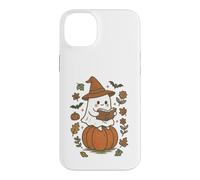 Custodia per iPhone 14 Plus Cozy Fall Ghost Reading on Pumpkin Retro Halloween Vibes