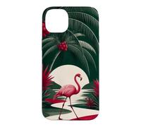 Custodia per iPhone 14 Plus Fenicottero che cammina sotto le palme ad arco