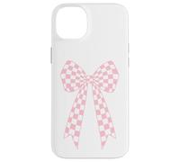Custodia per iPhone 14 Plus Fiocco carino rosa chiaro bianco a scacchi Coquette nastro