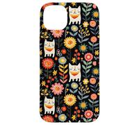 Custodia per iPhone 14 Plus Folk Cat Art Floral Midnight Boho Nero Pattern