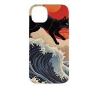 Custodia per iPhone 14 Plus Gatto giapponese che cammina sopra la grande onda Hokusai
