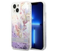 Custodia per iPhone 14 Plus Guess Flower con glitter liquido viola