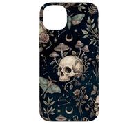 Custodia per iPhone 14 Plus Illustrazione botanica della falena del gufo del cranio celeste mistico scuro