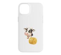 Custodia per iPhone 14 Plus Illustrazione Mucca Carina con Balla di Fieno Rotonda