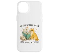 Custodia per iPhone 14 Plus Life is Better With Cats Books And Coffee Cat Lover Reading