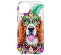 Custodia per iPhone 14 Plus Maschera per cani American English Coonhound, perline, modello Mardi Gras