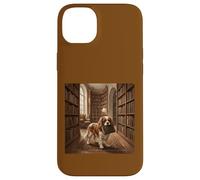 Custodia per iPhone 14 Plus Scena di lettura del libro del cane della biblioteca di Cavalier Spaniel