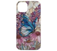 Custodia per iPhone 14 Plus Stained Glass Inspired Butterflies Purple and Blue Floral Ar