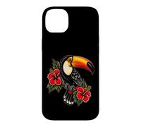 Custodia per iPhone 14 Plus Tatuaggio vintage con ibisco tropicale tucano