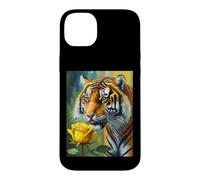 Custodia per iPhone 14 Plus Tiger Sniffing a Yellow Rose Illustration Graphic Design