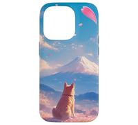 Custodia per iPhone 14 Pro Anime Shiba Inu Sotto albero Sakura con il Monte Fuji