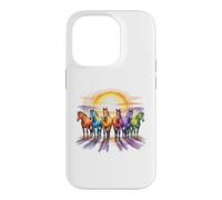 Custodia per iPhone 14 Pro Cavalli colorati in acquerello arcobaleno con Sunrise Equine