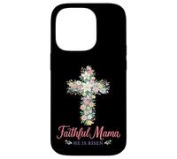 Custodia per iPhone 14 Pro Christian - Croce floreale pasquale con scritta "Faithful Mama He Is Risen"