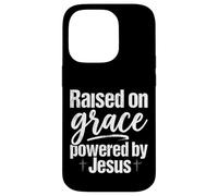 Custodia per iPhone 14 Pro Citazione di fede cristiana "Raised on Grace Powered by Jesus Christian Faith"