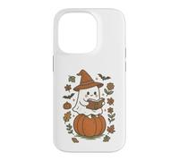 Custodia per iPhone 14 Pro Cozy Fall Ghost Reading on Pumpkin Retro Halloween Vibes