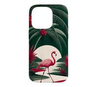 Custodia per iPhone 14 Pro Fenicottero che cammina sotto le palme ad arco