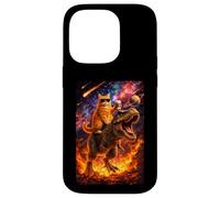 Custodia per iPhone 14 Pro Funny Coffee Orange Cat Riding T-Rex in Cosmic Galaxy UFO