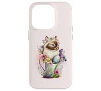 Custodia per iPhone 14 Pro Happy Easter Cat Easter Tea Cup Coffee Cat Siamese Floral