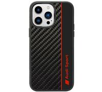 Audi Custodia sportiva - compatibile con iPhone 14 Pro - Custodia antiurto con carbonio - con aperture precise per fotocamera, porte e pulsanti - nero con dettagli rossi