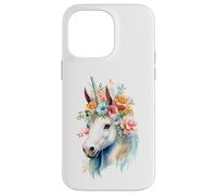 Custodia per iPhone 14 Pro Max Acquarello etereo Unicorno Floreale Testa Fantasy Art