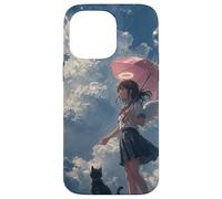Custodia per iPhone 14 Pro Max Anime Angel Girl & Black Cat Estetica Lo-Fi Pioggia