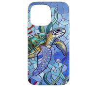 Custodia per iPhone 14 Pro Max Blue Sea Turtle in Corals Mosaic Art Ocean Theme