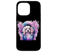 Custodia per iPhone 14 Pro Max Composizione di rose con adorabile abbigliamento per cuccioli di Spaniel bianco