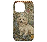 Custodia per iPhone 14 Pro Max Cucciolo di cane maltese William Morris, stile floreale