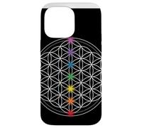 Custodia per iPhone 14 Pro Max fiore della vita con simboli chakra, geometria sacra mandala