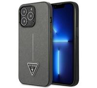 Custodia per iPhone 14 Pro Max Guess Saffiano con logo triangolare, colore argen