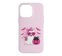 Custodia per iPhone 14 Pro Max Halloween Ghost Pink Bow Holding Ice Coffee con Kitty cat