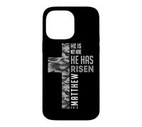Custodia per iPhone 14 Pro Max He Has Risen Matteo 28:6 Cristiano Pasqua Camo Croce Fede
