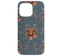 Custodia per iPhone 14 Pro Max Highland Cow Thistle Floral Scottish Farm Animal Design