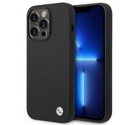 Custodia per iPhone 14 Pro Max in silicone con logo BMW in metallo, colore nero.