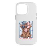 Custodia per iPhone 14 Pro Max Occhiali da sole Patriotic Highland Cow Pink Bubble