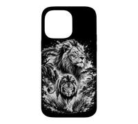 Custodia per iPhone 14 Pro Max Ritratto Leone Stile Disegno Artistico Nero Bianco