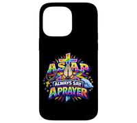 Custodia per iPhone 14 Pro Max Rosario cristiano con croce arcobaleno e scritta "Always Say A Prayer