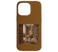 Custodia per iPhone 14 Pro Max Scena di lettura del libro del cane della biblioteca di Cavalier Spaniel
