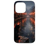 Custodia per iPhone 14 Pro Max Scena di strada piovosa del gatto nero del gatto nero giapponese