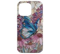 Custodia per iPhone 14 Pro Max Stained Glass Inspired Butterflies Purple and Blue Floral Ar