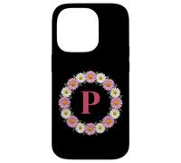 Custodia per iPhone 14 Pro Monogramma della corona di fiori margherita rosa e bianca lettera P