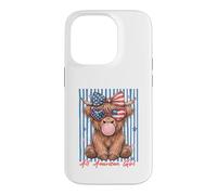 Custodia per iPhone 14 Pro Occhiali da sole Patriotic Highland Cow Pink Bubble