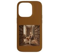 Custodia per iPhone 14 Pro Scena di lettura del libro del cane della biblioteca di Cavalier Spaniel